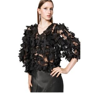 IDA SJÖSTEDT Black Mesh 3D Floral Applique Long Sleeve Top